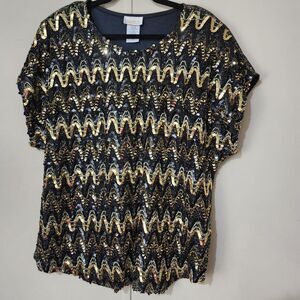 Roamans Black Gold Sequin VINTAGE Holiday Shell Top Plus Size 20/22 Stretch